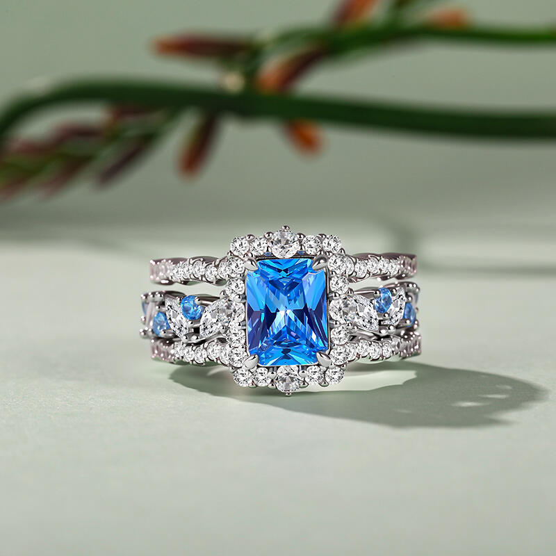 Jeulia Set Anelli Nuziali Personalizzati Taglio Radiante con Alone e Enhancer a Ondulato