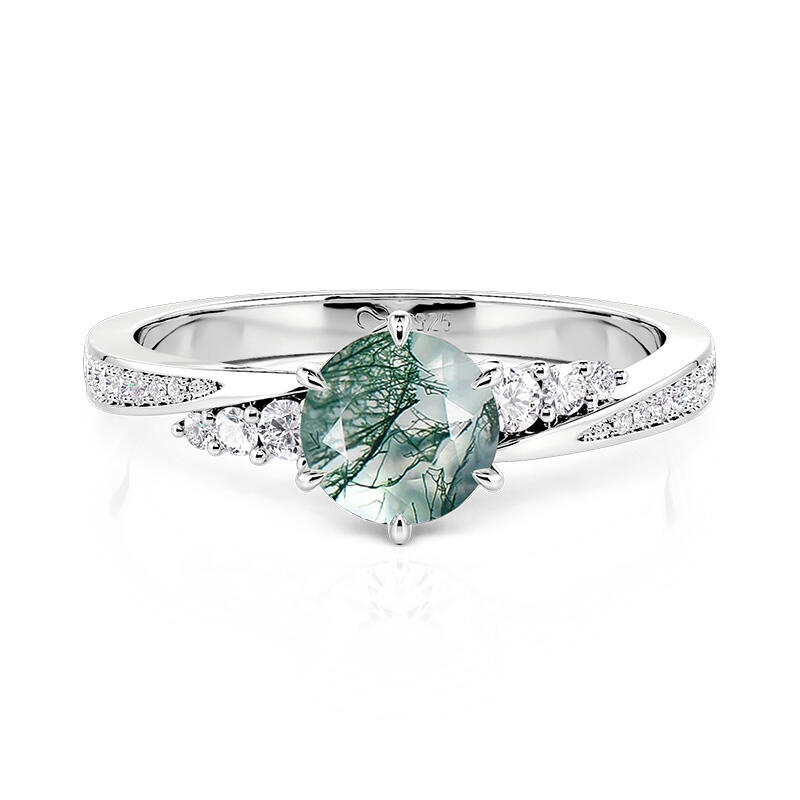 Jeulia Simple Twisted Round Cut Moss Agate Promise Ring