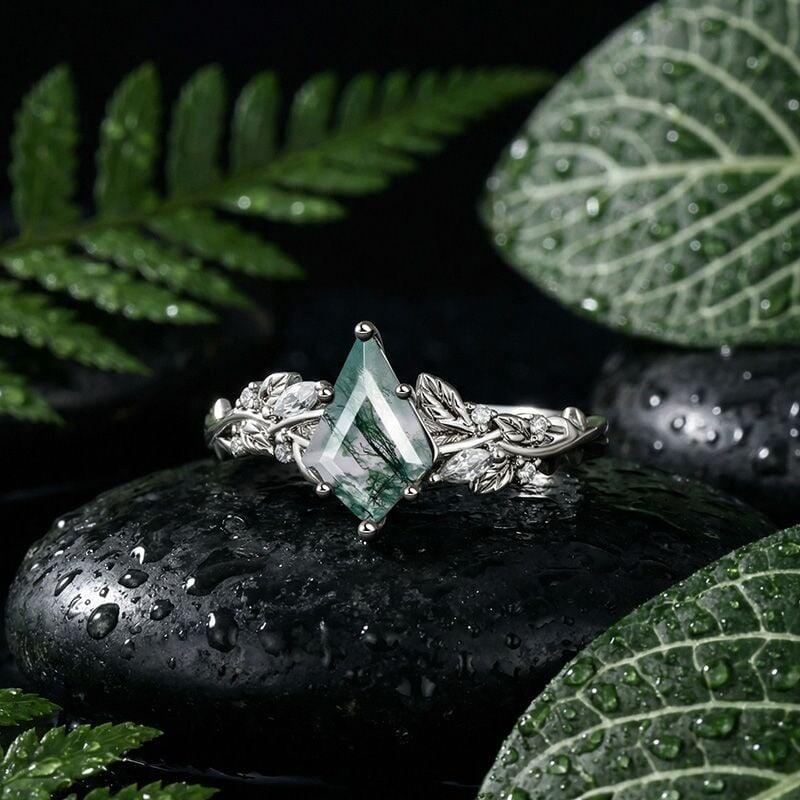 Kite Cut Moss Agate Engagement Ring