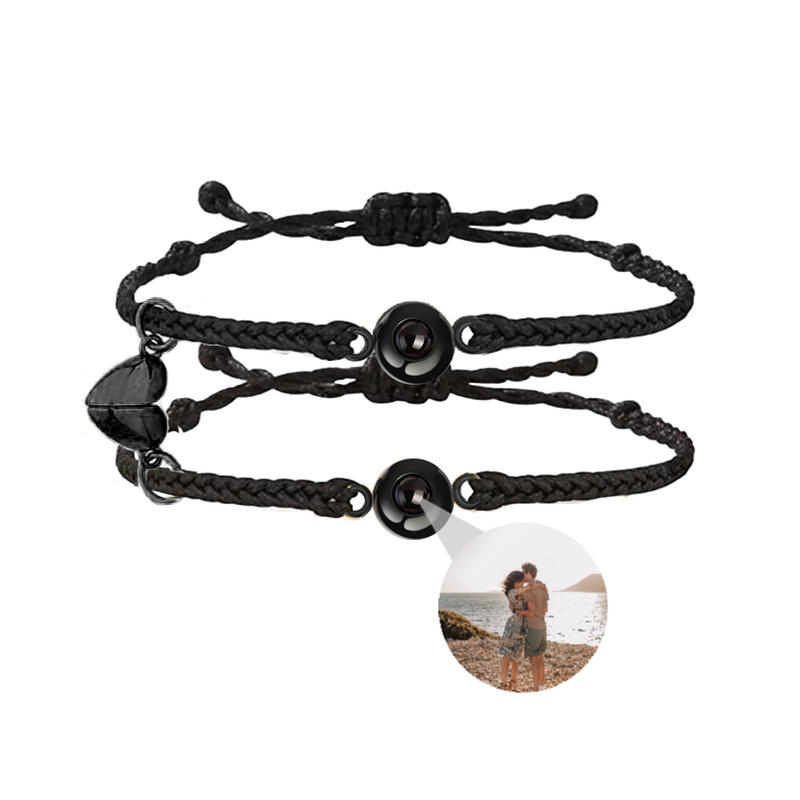 Bracciali con Foto Dentro Corda Nera con Magente a Cuore per Coppia