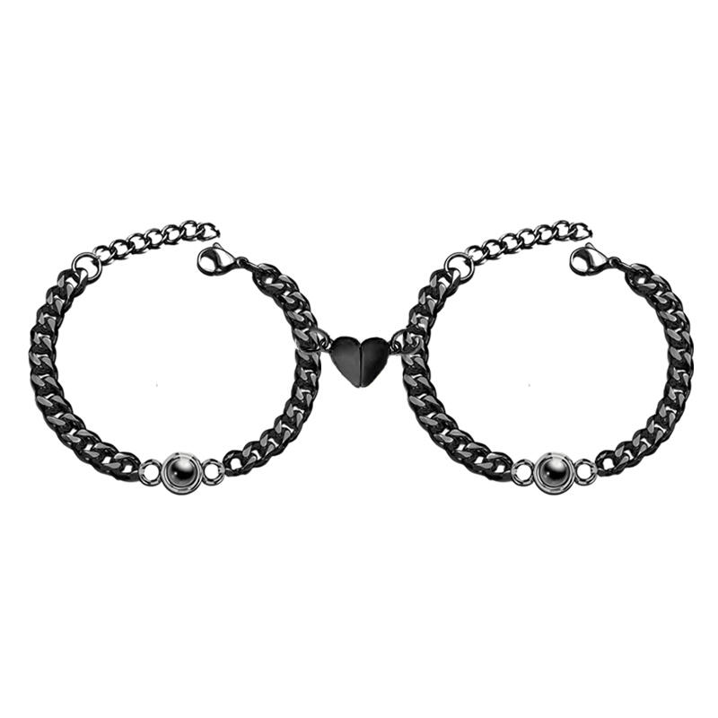 Bracciali Personalizzati con Proiezione di Foto Dentro Catena Nera Cuore con Magnete