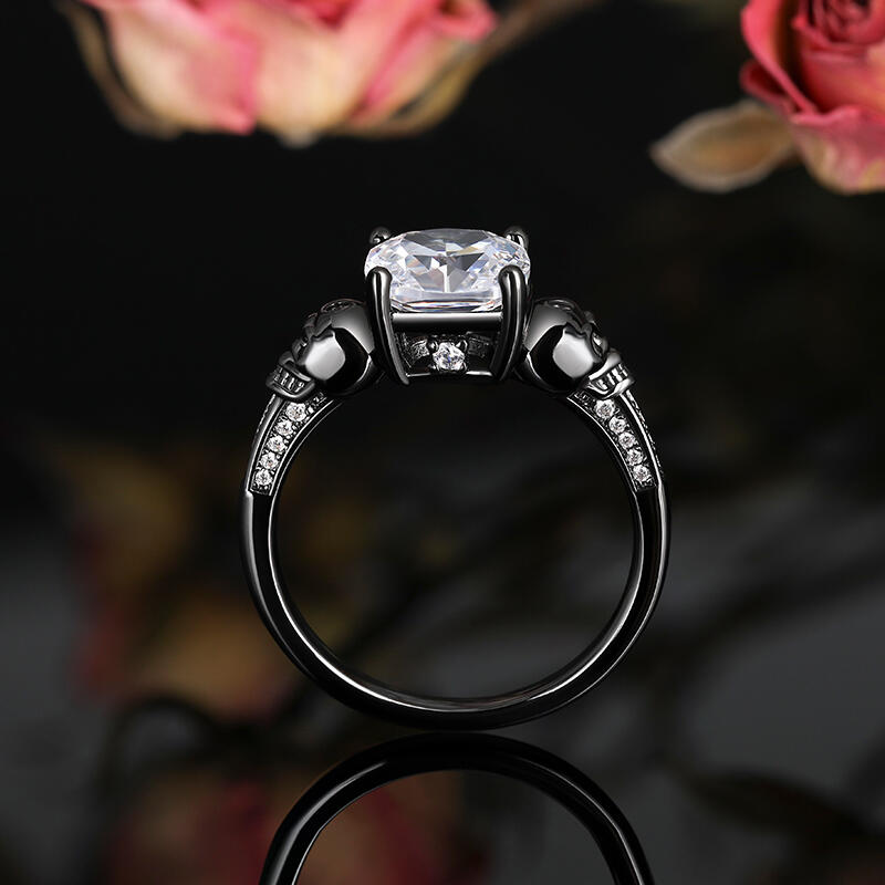 Jeulia "Eternal Love" Black Skull Cushion Cut Gothic Sterling Silver Ring
