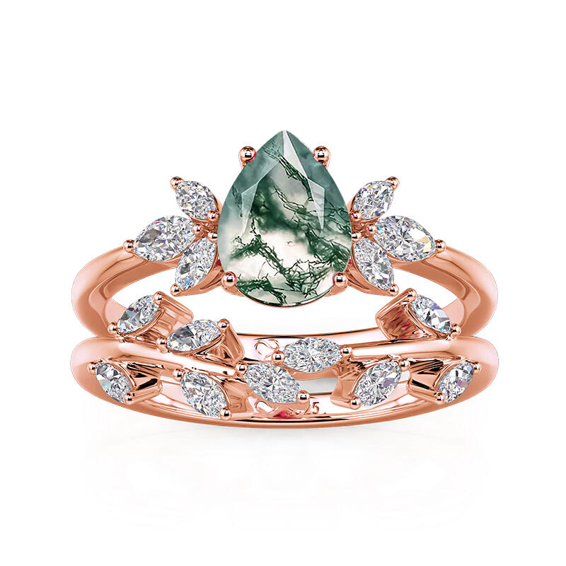 Jeulia Forest Deciduous Pear Cut Moss Agate Ring Set
