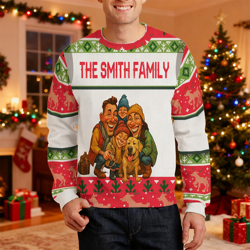 Suéter feo personalizado unisex con foto personalizada, diseño de dibujos animados, atractivo regalo de Navidad para la familia.