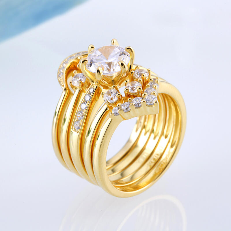 Jeulia Yellow Gold Tone 5PC Round Cut Sterling Silver Ring Set