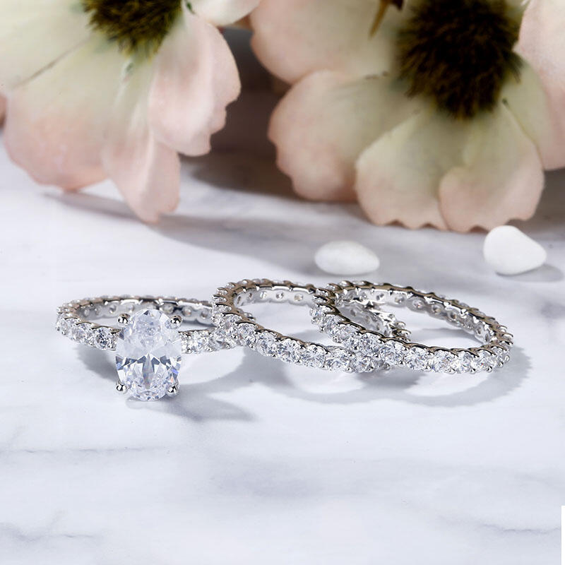 Jeulia Terno De Anillos De Talla Ovalada En Plata De Ley