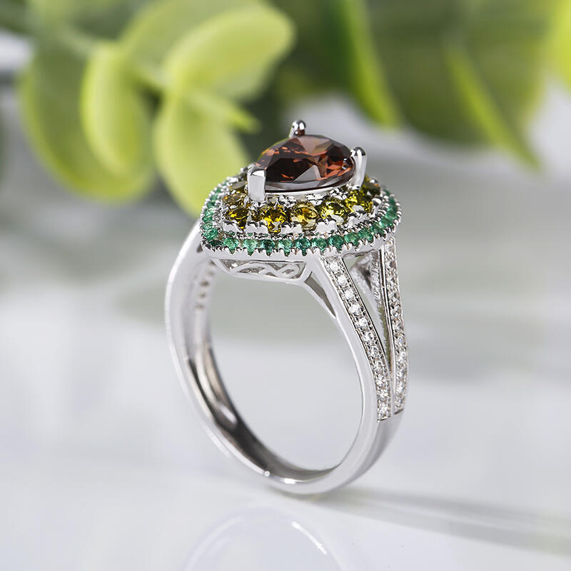 Jeulia Avocado Design Double Halo Pear Cut Sterling Silver Ring