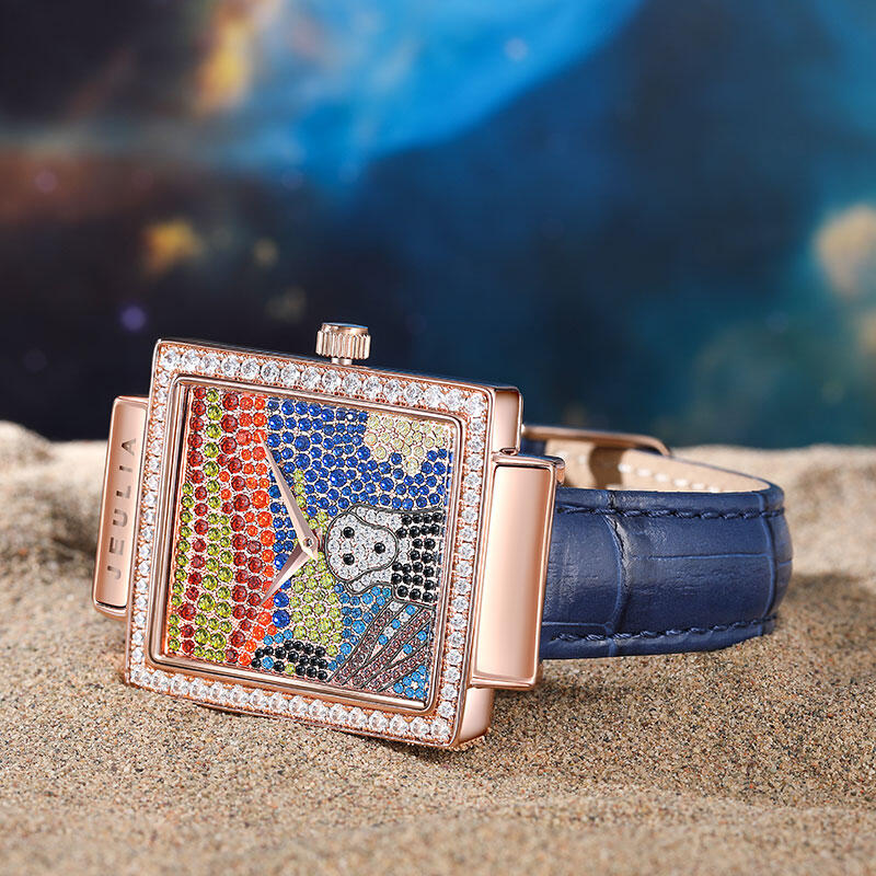 Jeulia "Horror Scream" Ghostface Skull Quartz Blue Leather Watch