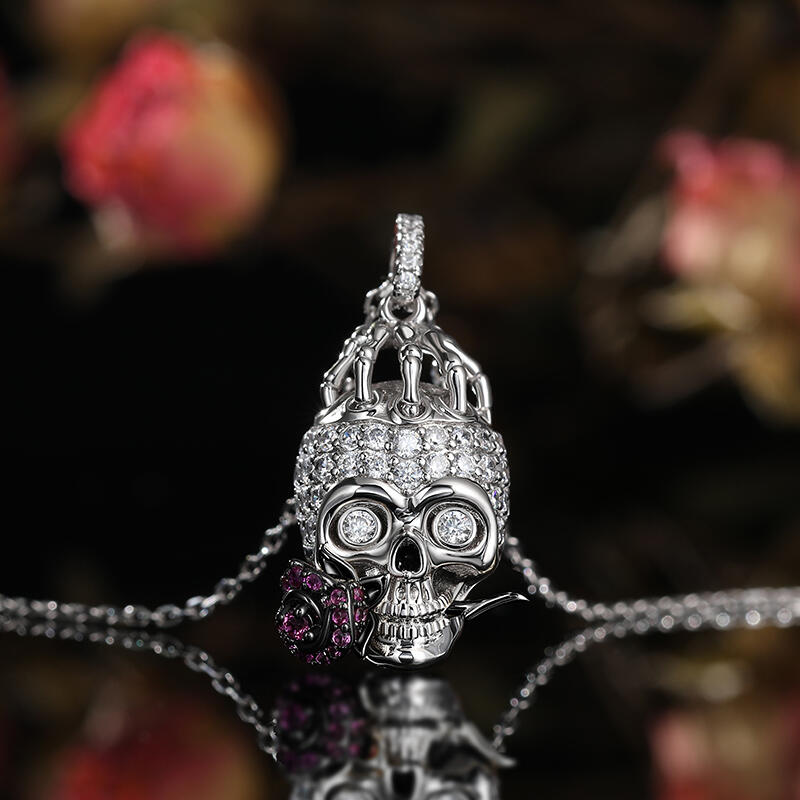 Jeulia "Forever Romance" Skull and Rose Flower Sterling Silver Necklace