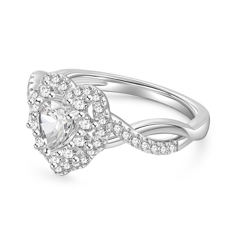 Jeulia Anillo de Compromiso Personalizado Halo con Diseño de Torsión y Corazón en Plata Esterlina