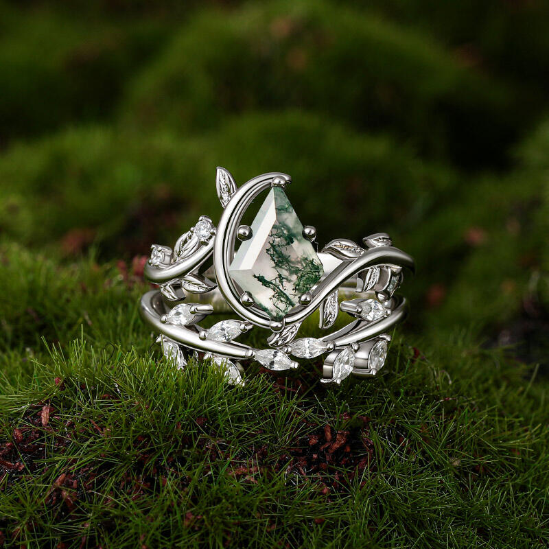 Jeulia Blatt Deltaschliff Moosachat Ring Set aus Sterling Silber