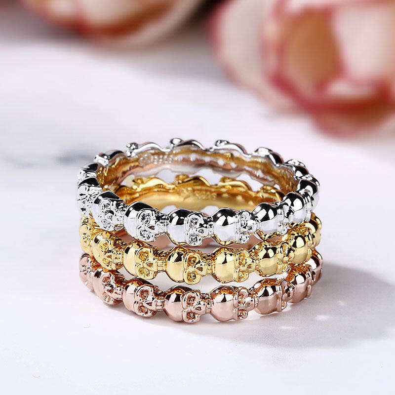 Jeulia Tri-Tone Stackable Sterling Silver Skull Ring Set