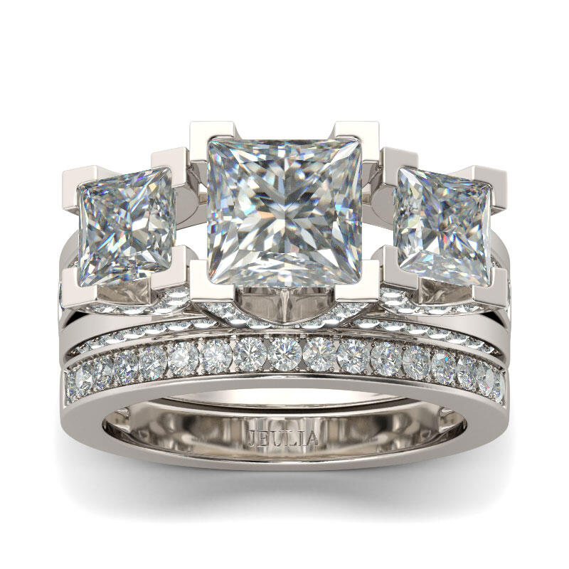 Jeulia Three Stone Princess Cut Sterling Silver Ring Set