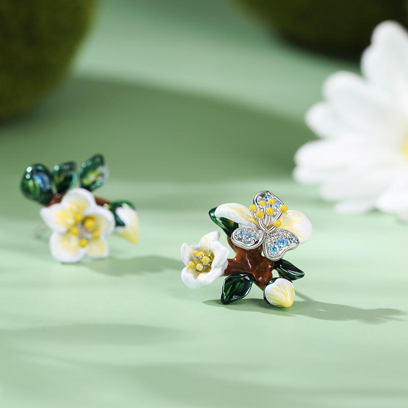 Jeulia Conjunto de Joyas de Plata de Ley Esmaltada con Flores de Almendro