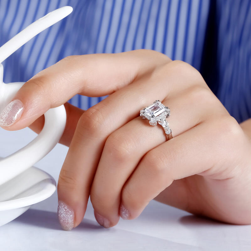 Jeulia Flower Emerald Cut Sterling Silver Ring