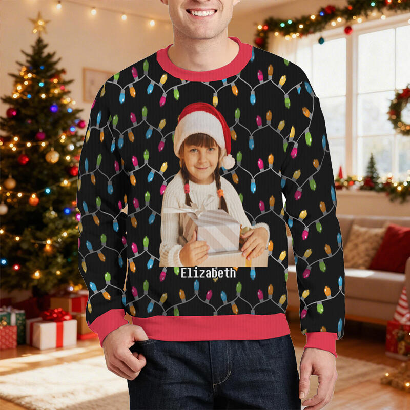 Personlig ful tröja Unisex Anpassad porträttfoto Julbelysning Design Perfekt present till familjen