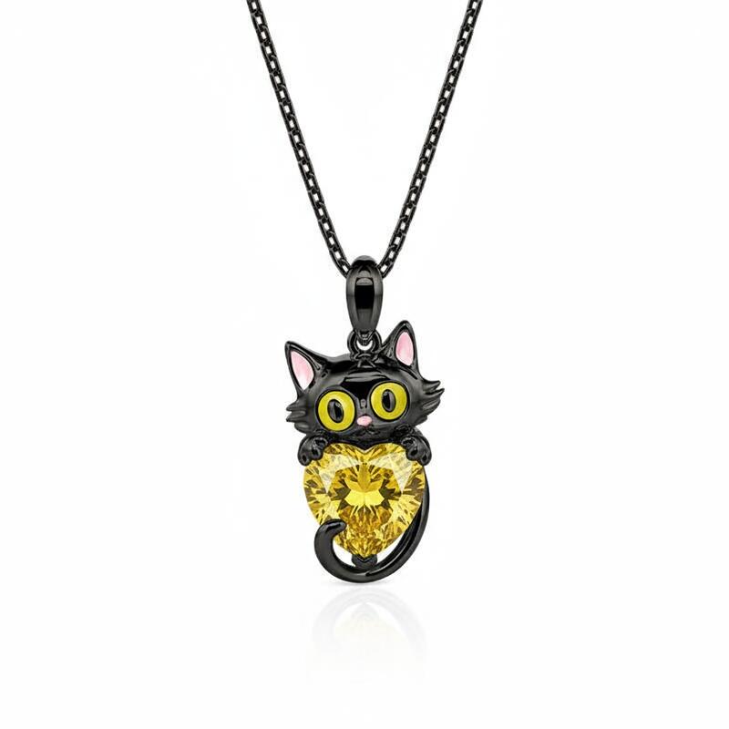 Jeulia Hug Me Custom Birthstone Black Cat Necklace