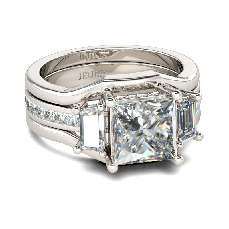 Jeulia Three Stone Princess Cut Sterling Silver Ring Set