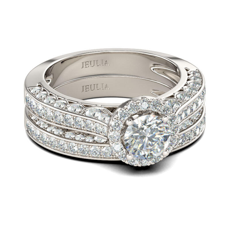 Jeulia Halo Round Cut Sterling Silver Ring Set