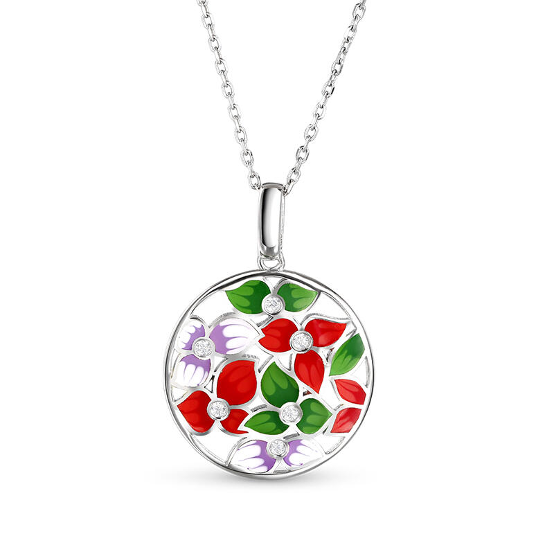 Jeulia Collar Mujer con Colgante Redondo de Flor de Plata Esmaltada