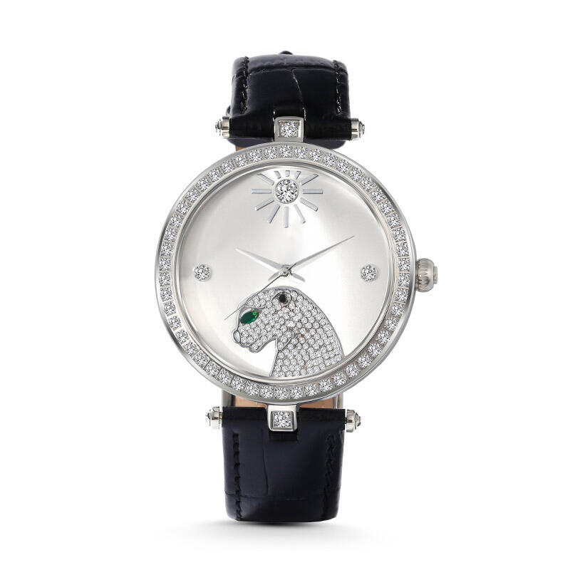 Jeulia "Wild and Free" Leopard Quartz Black Leather Watch with Silver-Tone Dial