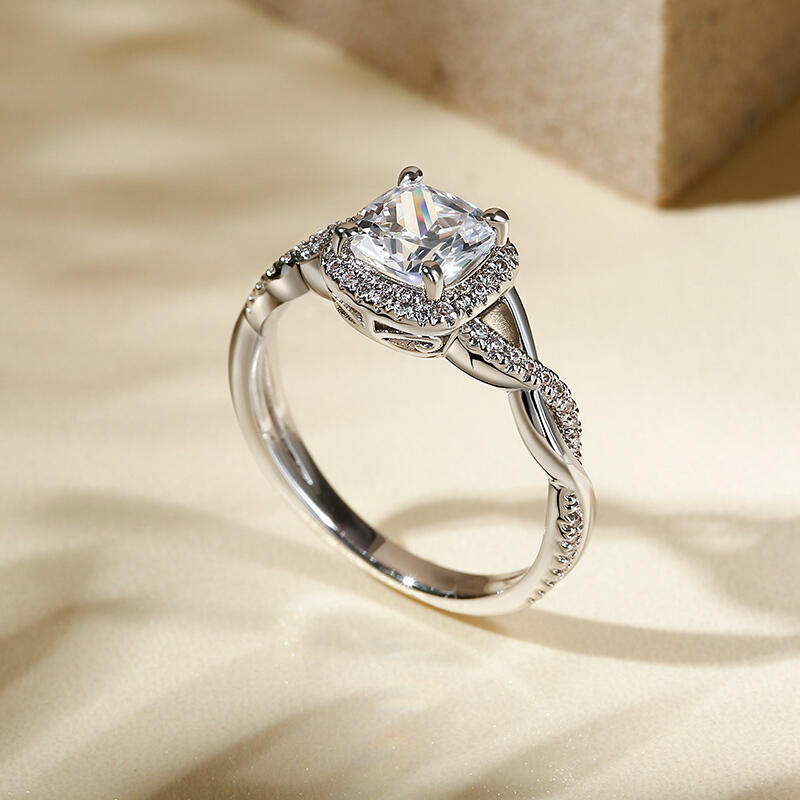 Jeulia Moissanite 10K/14K/18K Guld Platina Twist Halo Ringar med kuddslipning