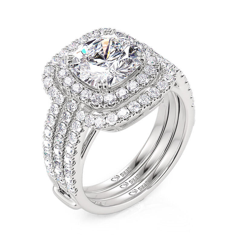 Jeulia Classic Cushion Cut Halo Engagement Ring Set Sterling Silver