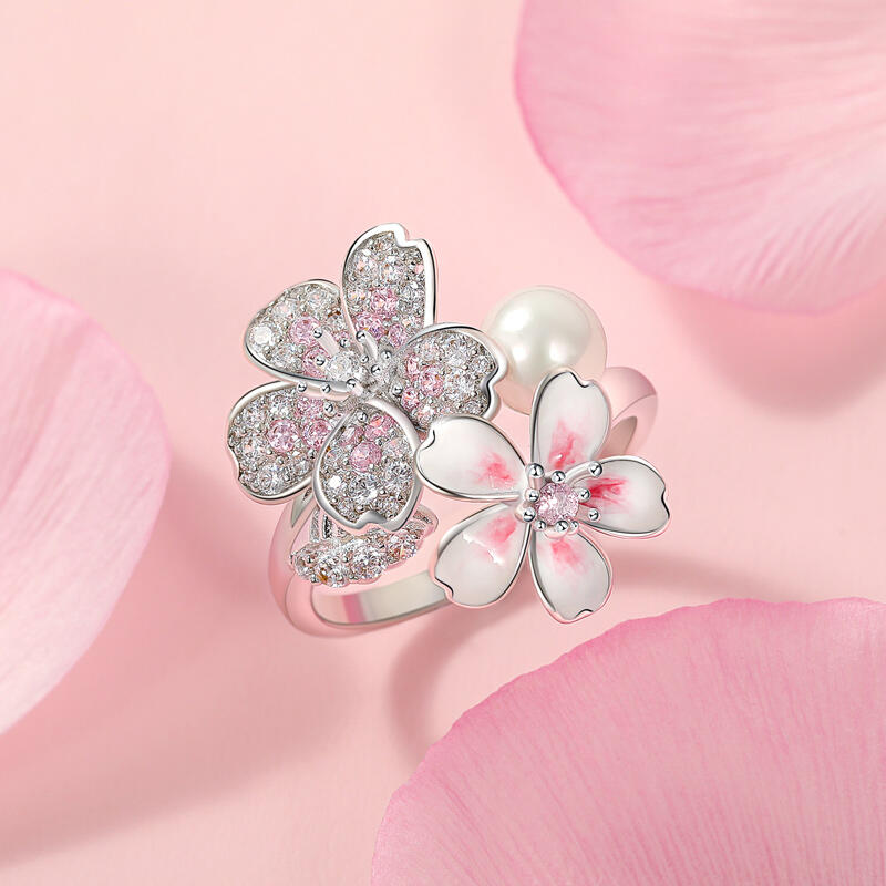 Jeulia Cherry Blossoms Gradient Pink Enamel Ring with Pearl