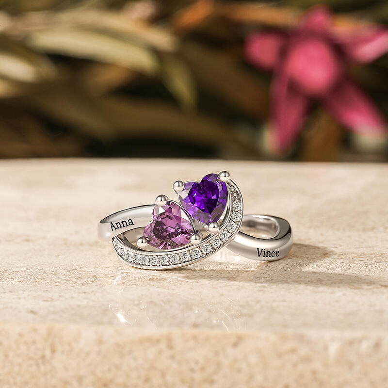 Jeulia Twisted Custom Double Heart Birthstone Name Ring
