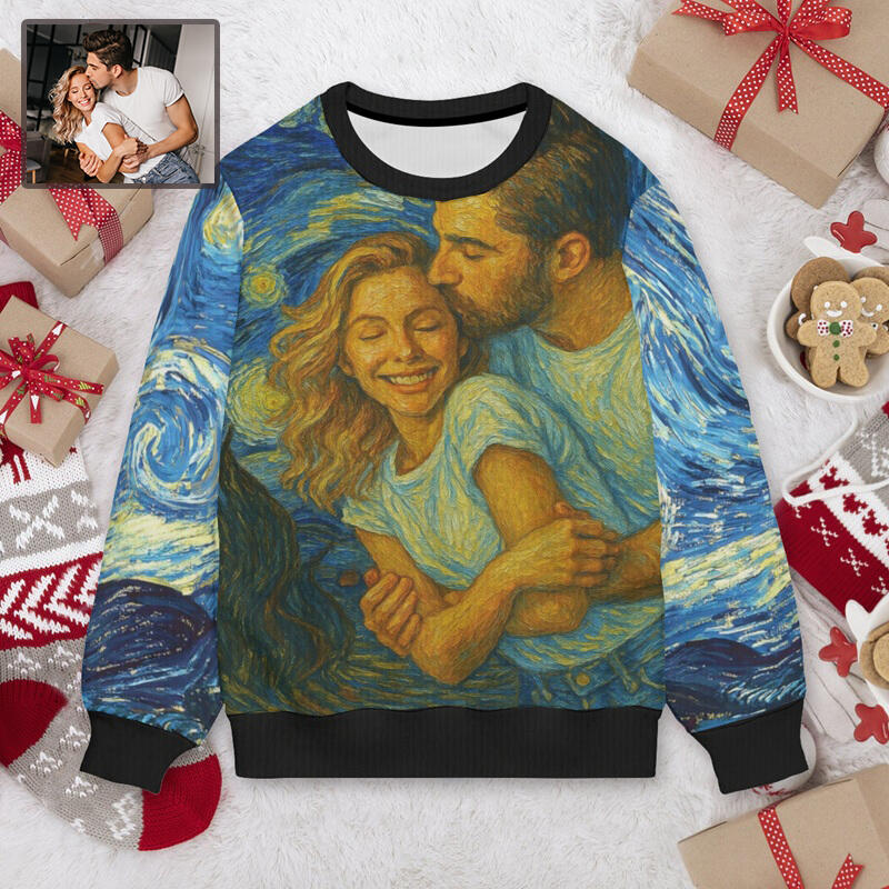 Personalisierter hässliche Weihnachtspullover Unisex Individuelles Foto Sternennacht-Kunststil-Design Kreatives Geschenk für Paare