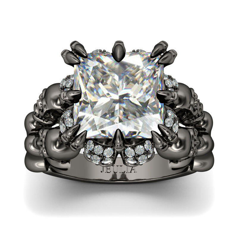 Jeulia  Black Tone Princess Cut Sterling Silver Skull Ring