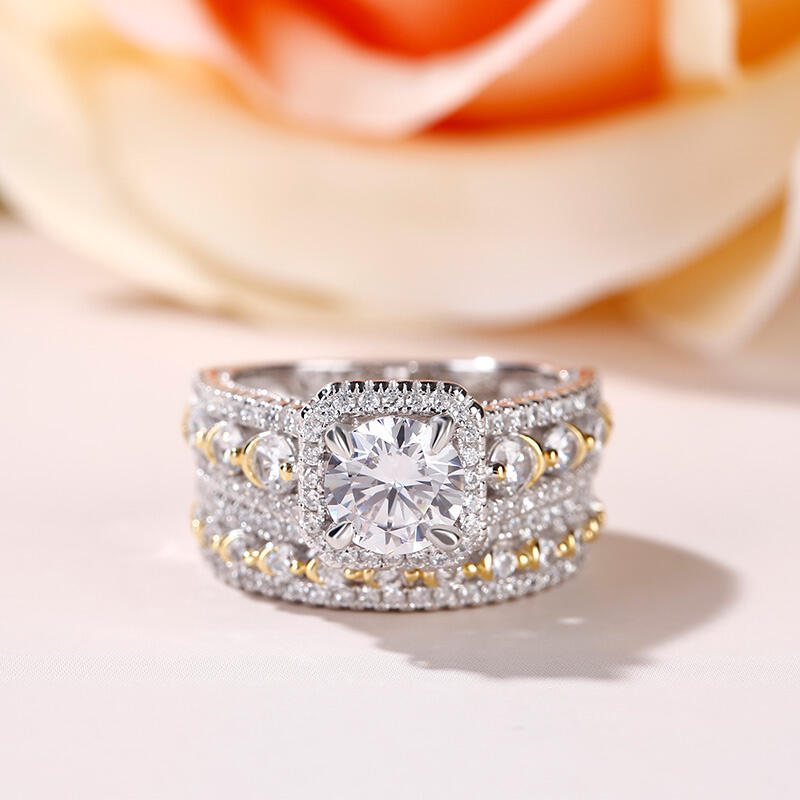 Jeulia Two Tone Halo Round Cut Sterling Silver Ring Set