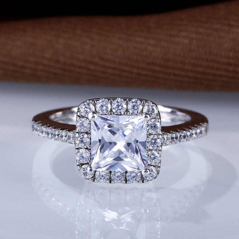 Jeulia Halo Princess Cut Sterling Silver Ring