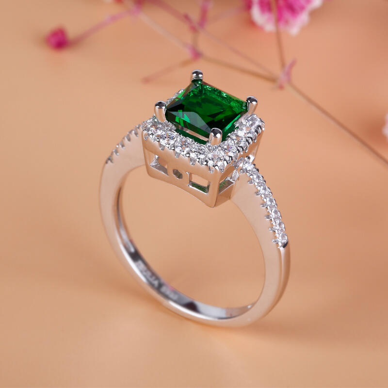 Jeulia Halo Princess Cut Sterling Silver Ring