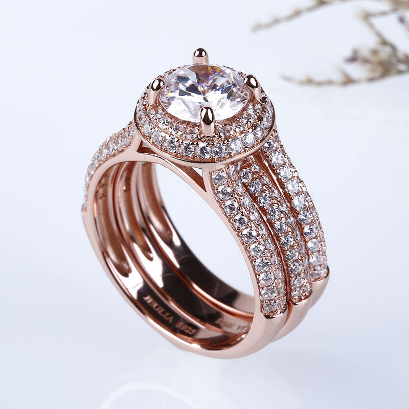 Jeulia Rose Gold Tone Halo Round Cut Sterling Silver Ring Set