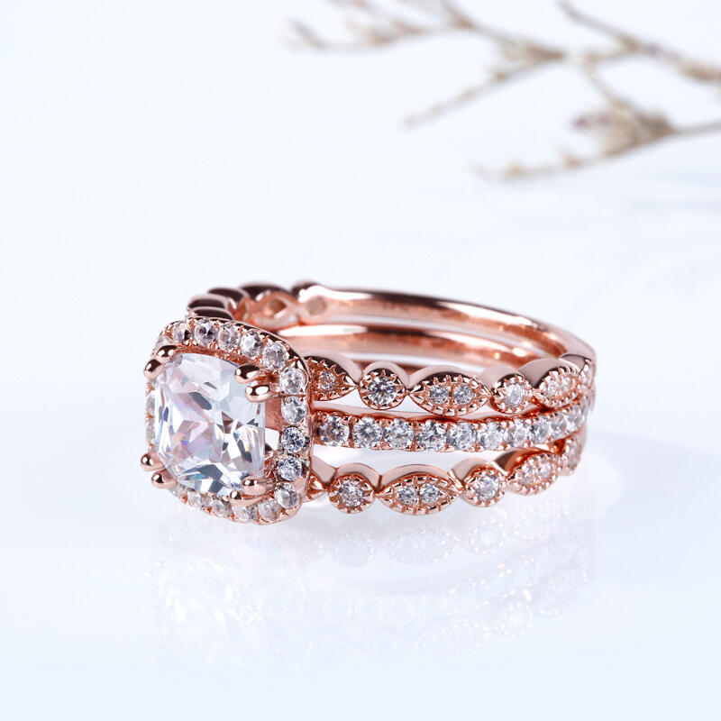 جوليا طقم خواتم هالة الفضة الإسترليني بقطع مربع مجموعة من ثلاث حلقات