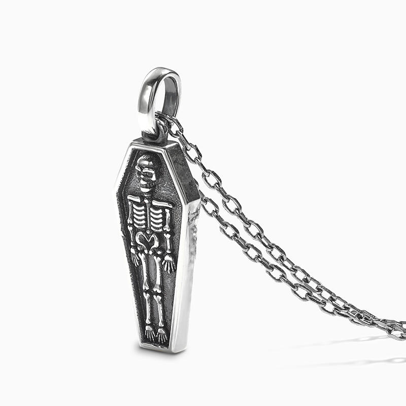 Jeulia "Skeleton in Coffin" Skull Sterling Silver Necklace