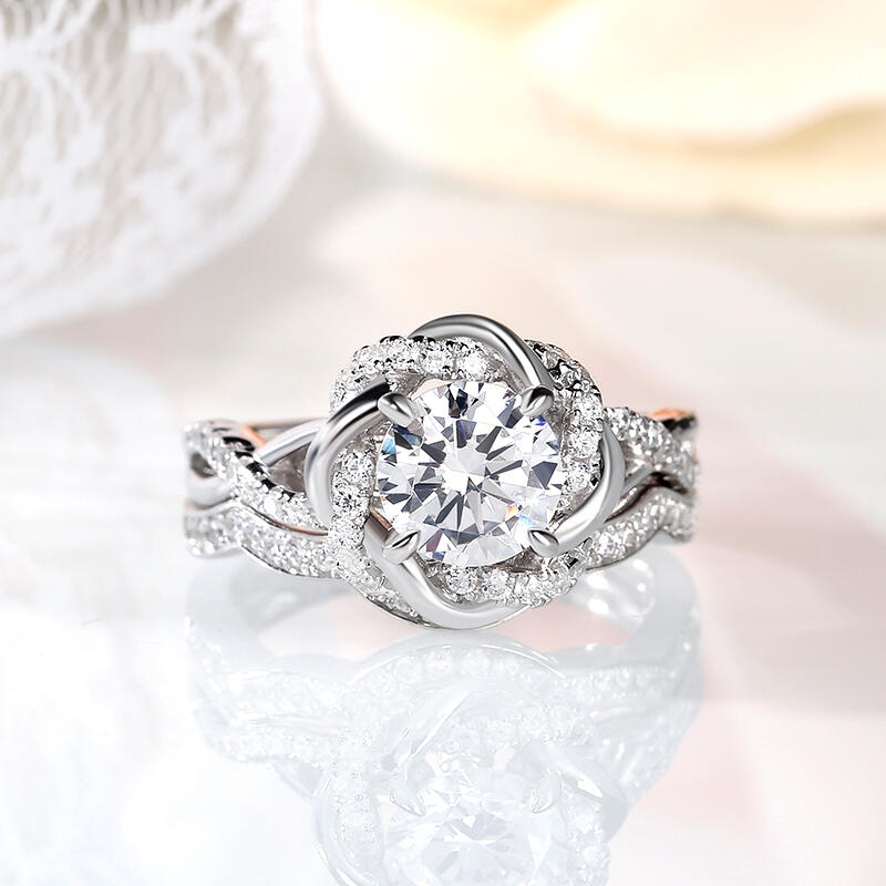 Jeulia Twist Floral Round Cut Sterling Silver Ring Set