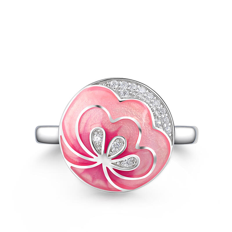 Jeulia Anillo Redondo de Plata Esmaltada Flor Pétalo Rosa
