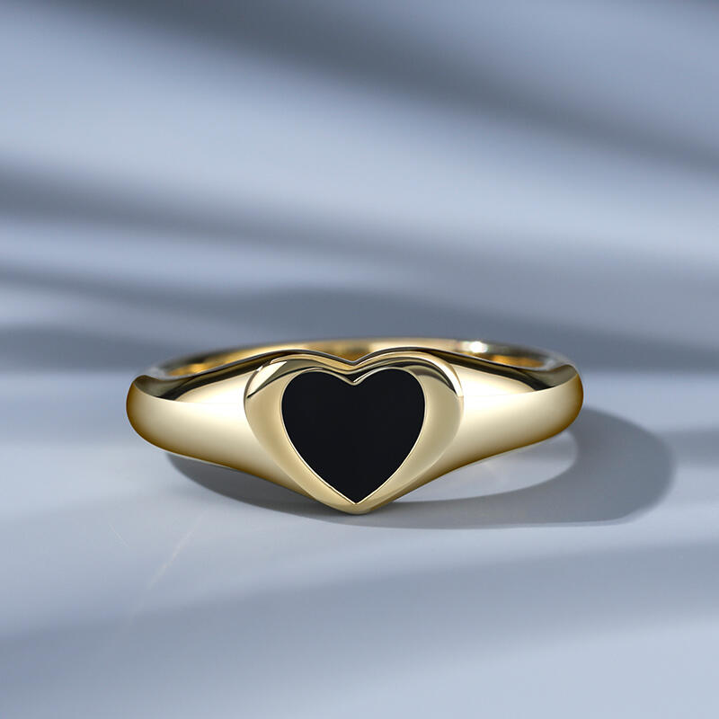 Jeulia Anillo Fino de Sello de Plata de Ley Pequeño Corazón Negro