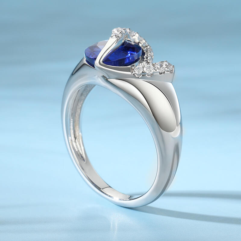 Jeulia "Vibration" Two Heart Sapphire Ring Hollow Design Sterling Silver