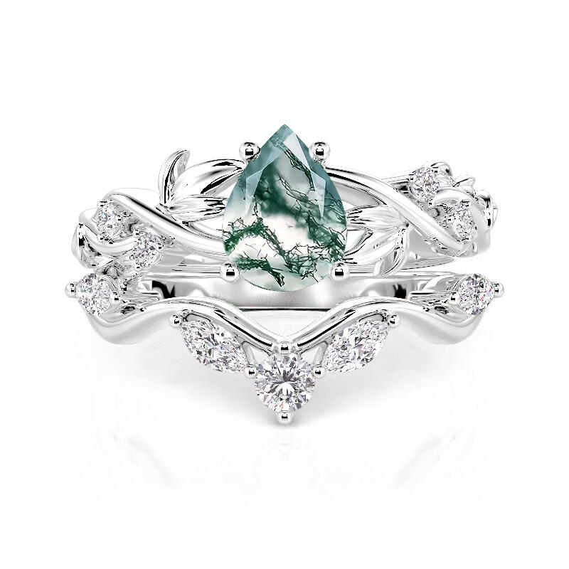 Jeulia Verflochtenes Blatt Birnenförmiger Moosachat Ringset