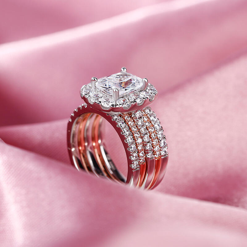 Jeulia Two Tone Halo Sterling Silver Ring Set