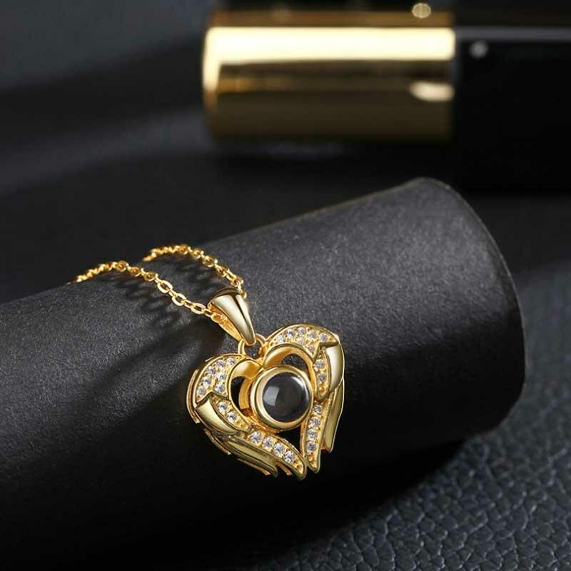 シルバー925 ハート&羽 投影 写真 写真入れ ネックレス