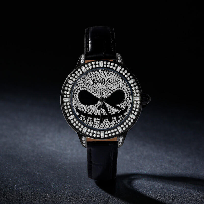 Jeulia "Patron Spirit of Halloween" Reloj De Mujer De Cuarzo Con Correa De Cuero Negro Y Diseño De Calavera