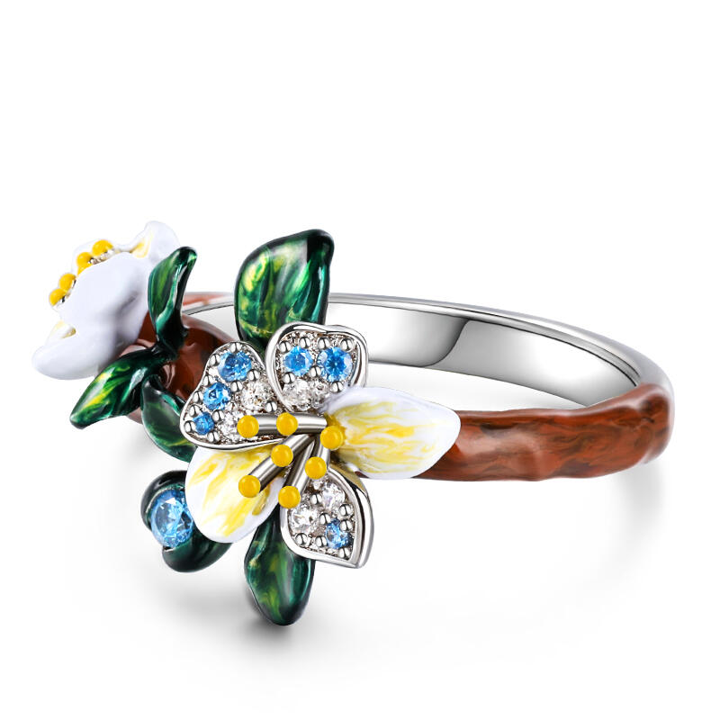 Jeulia "Almond Blossoms" Enamel Sterling Silver Ring