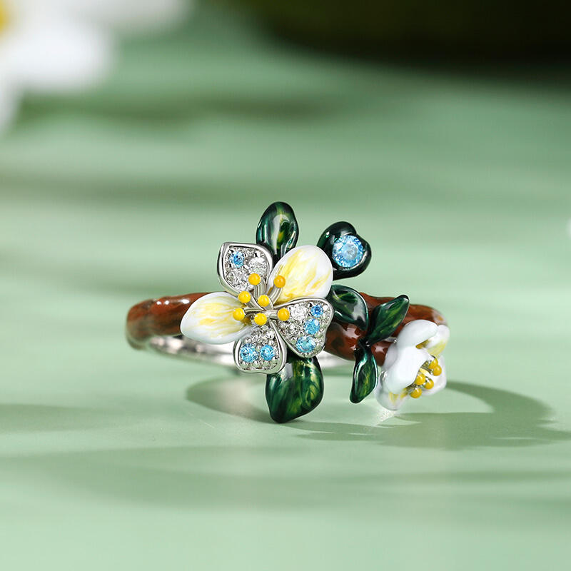 Jeulia "Almond Blossoms" Enamel Sterling Silver Ring