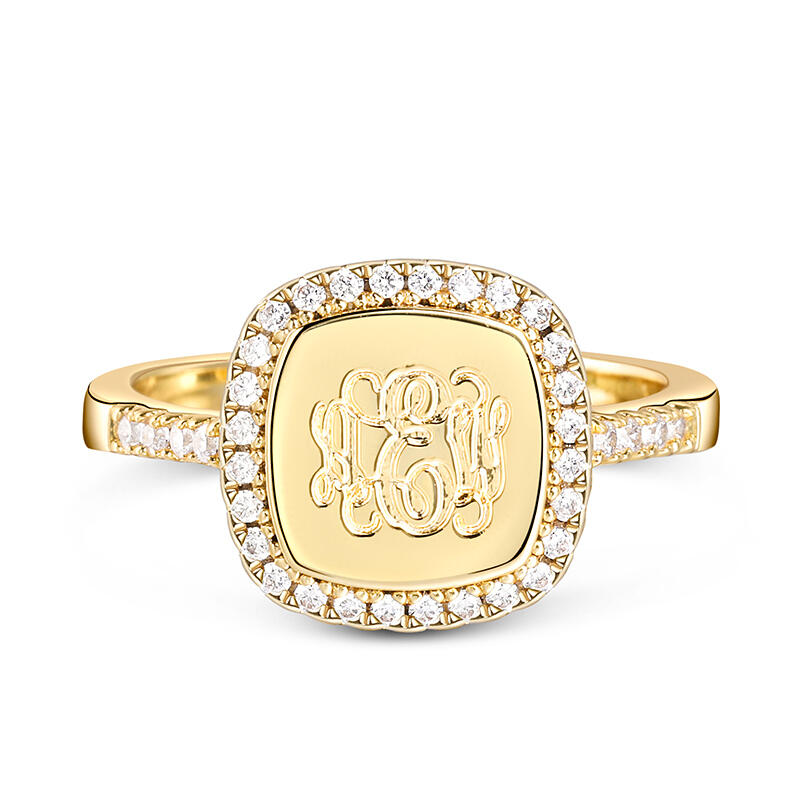 Jeulia Halo Square Monogram Personalized Sterling Silver Ring