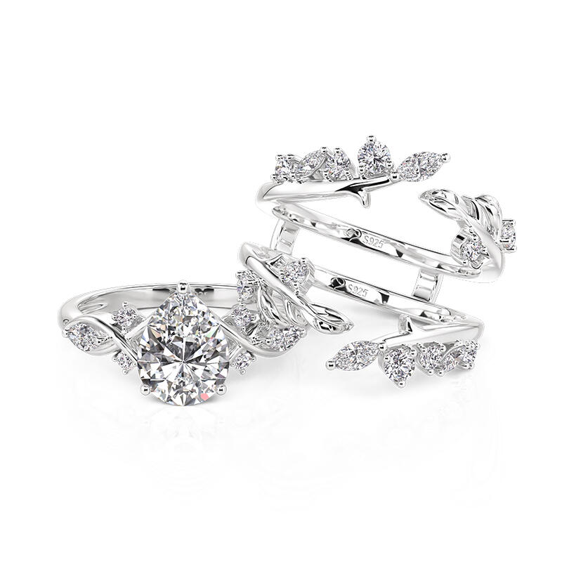 Jeulia Leaf Twist Sparkling Pear Shaped Ring Set