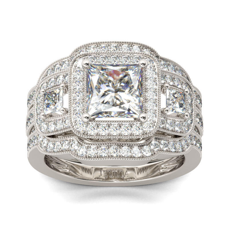 Jeulia Halo Princess Cut Sterling Silver Ring Set
